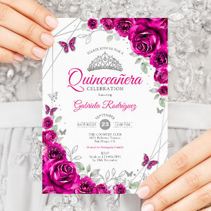 Convite Quinceanera Fuchsia Floral Rosa