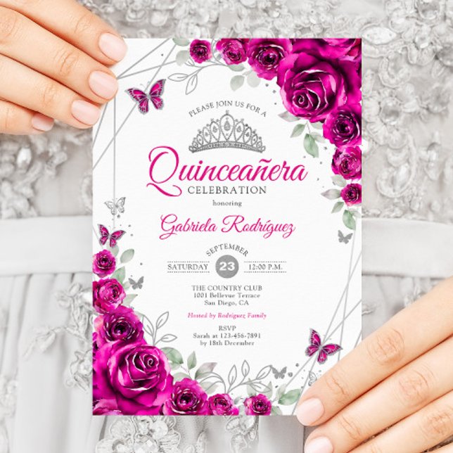 Convite Quinceanera Fuchsia Floral Rosa (Criador carregado)