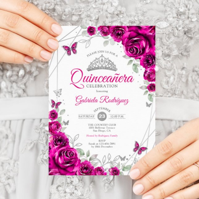 Convite Quinceanera Fuchsia Floral Rosa (Criador carregado)