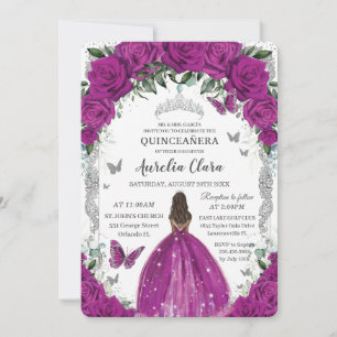 Convite Quinceanera Fuchsia Floral Vintage Silver Brown
