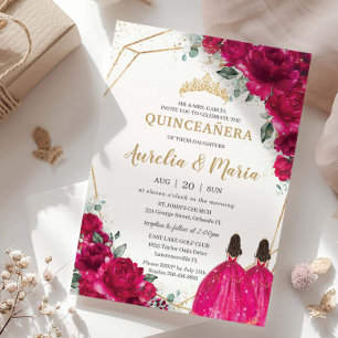Convite Quinceañera Fuchsia Gêmeas Florais Cor-de-Rosa