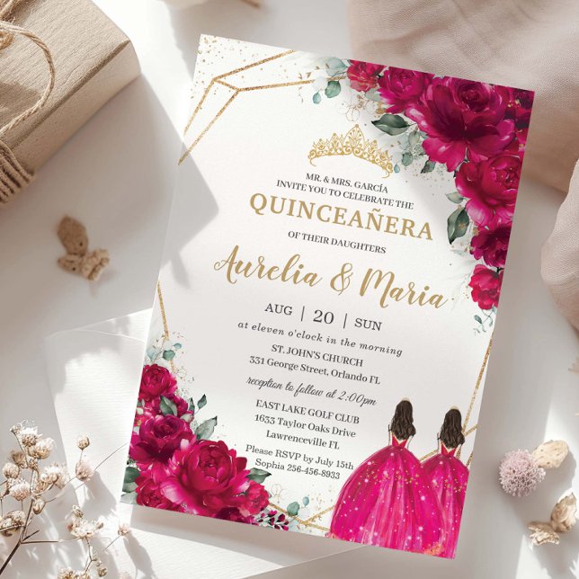 Convite Quinceañera Fuchsia Gêmeas Florais Cor-de-Rosa (fuchsia-hot-pink-floral-quinceanera-gold-twins-princesses-dress-15-sweet-16-birthday-invitation-card)