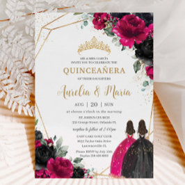 Convite Quinceañera Fuchsia Gêmeas Florais Negras Douradas