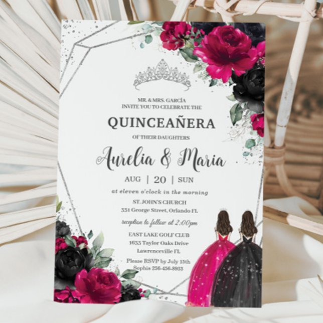 Convite Quinceañera Fuchsia Gêmeas Florais Negras Silver (Criador carregado)