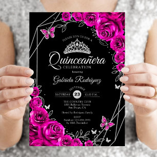 Convite Quinceanera Fuchsia Pink Black Silver Floral