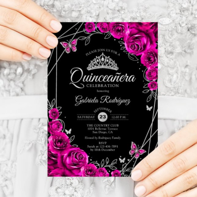 Convite Quinceanera Fuchsia Pink Black Silver Floral (Criador carregado)