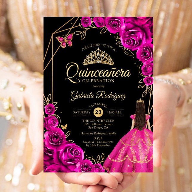 Convite Quinceanera Fuchsia Pink Gold Dress Floral (Criador carregado)