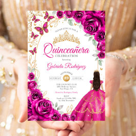 Convite Quinceanera Fuchsia Pink Gold Floral