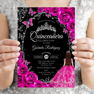 Convite Quinceanera Fuchsia Pink Silver Black