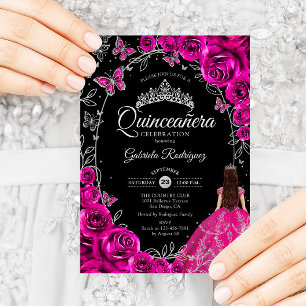 Convite Quinceanera Fuchsia Pink Silver Black
