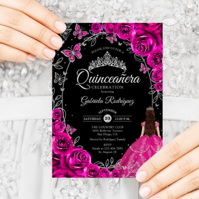 Convite Quinceanera Fuchsia Pink Silver Black (Criador carregado)