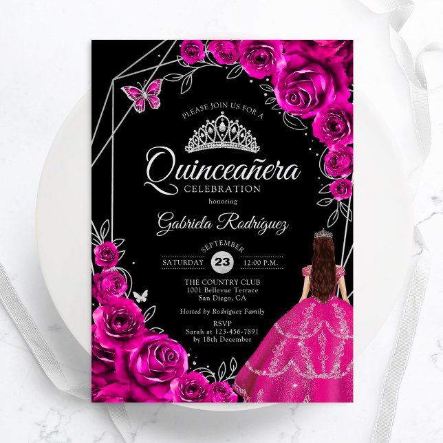 Convite Quinceanera Fuchsia Pink Silver Dress Floral (Criador carregado)