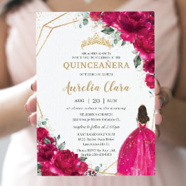 Convite Quinceañera Fuchsia Rosa Princesa Floral Dourada
