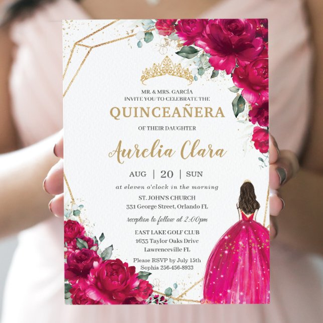 Convite Quinceañera Fuchsia Rosa Princesa Floral Dourada (Criador carregado)