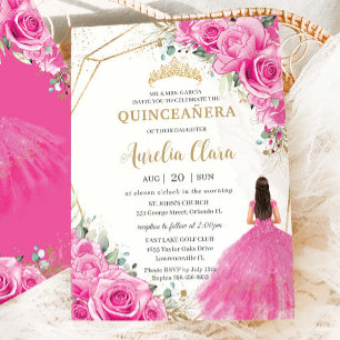 Convite Quinceañera Fuchsia Rosa Princesa Floral Dourada
