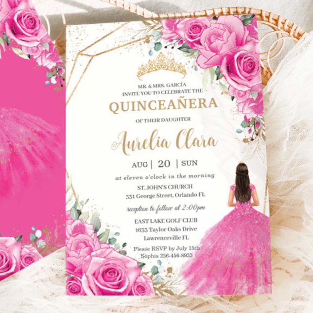 Convite Quinceañera Fuchsia Rosa Princesa Floral Dourada (Criador carregado)