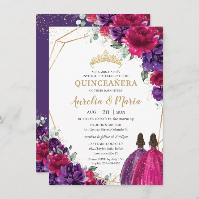 Convite Quinceañera Fuchsia Rosas Florais Roxos Escuros Gê (Frente/Verso)