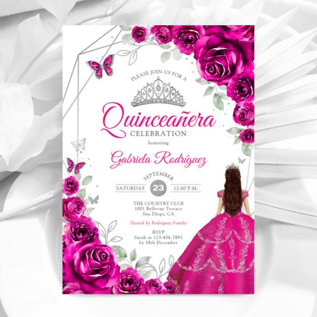 Convite Quinceanera Fuchsia Vestido Rosa (Criador carregado)