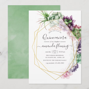 Convite Quinceañera Geométrica de Suculentas em Aquarela