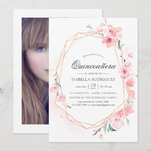 Convite Quinceañera Geométrica Flor de Cerejeira Rosa Prim