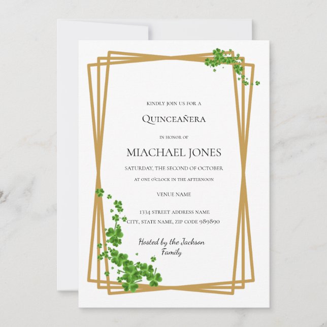 Convite Quinceanera Geométrica Floral Dourada Blush (Frente)
