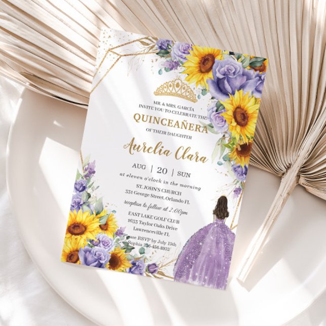 Convite Quinceanera Girassol Lavanda Roxa Floral Dourada (Criador carregado)