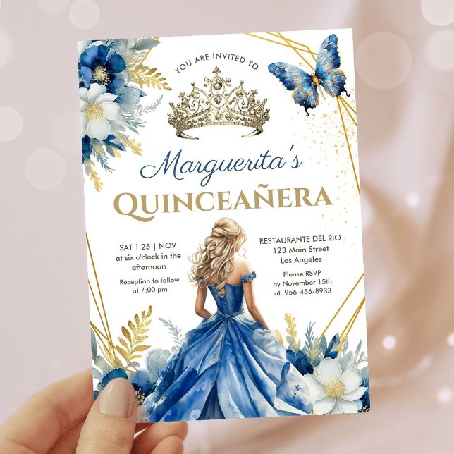 Convite Quinceañera Girl Blue Tiara Floral Borboleta Doura (Criador carregado)