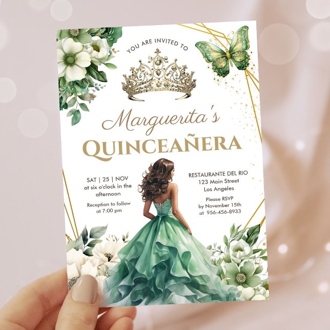 Convite Quinceañera Girl Green Tiara Floral Borboleta Dour (Criador carregado)