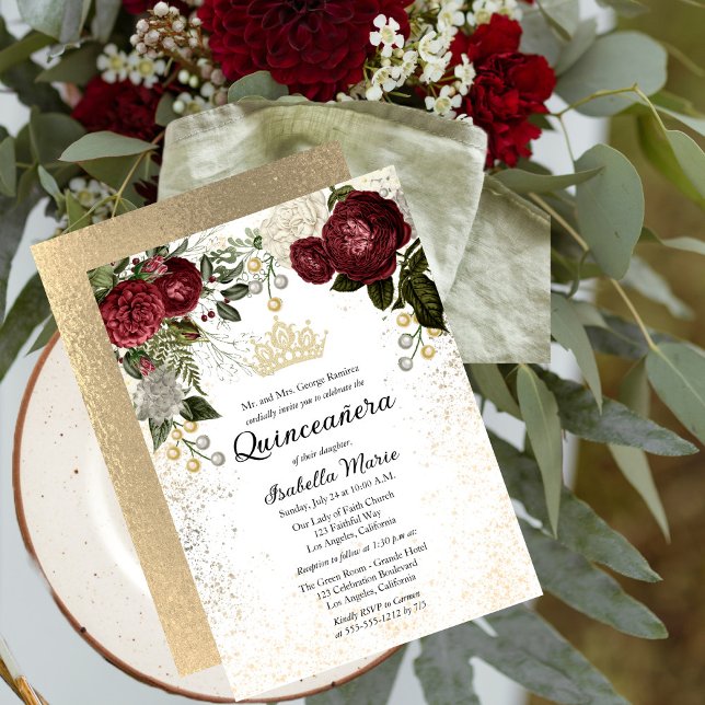 Convite Quinceañera Glam Burgundy Rosa Floral Birthday (Criador carregado)