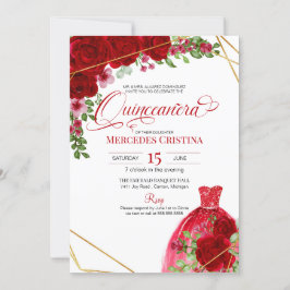 Convite Quinceañera Glamorosa de rosas vermelhas e Vestido