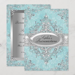 Convite Quinceanera Glamourosa Vintage Pérola Azul e Prata