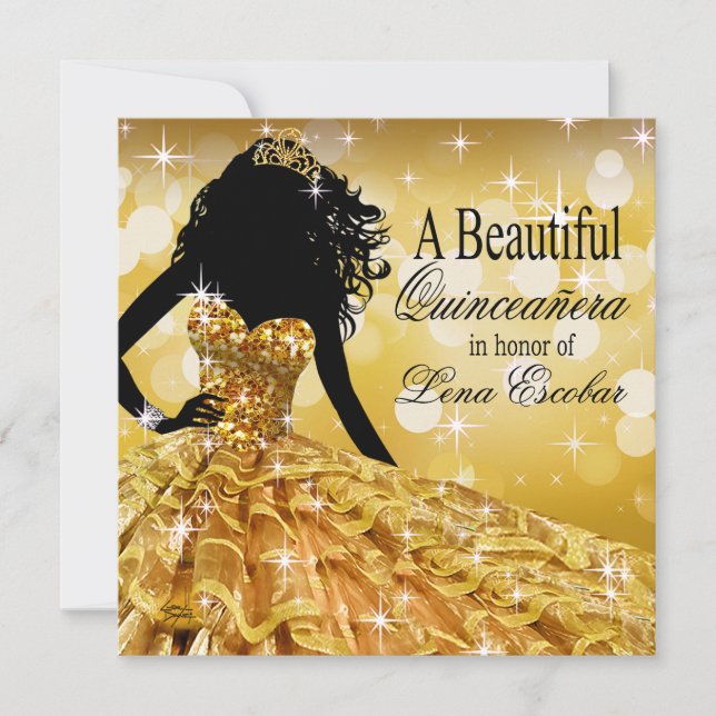 Convite Quinceanera Glitter Ball Gown | ouro, dourado, bri (Frente)