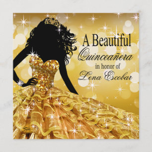 Convite Quinceanera Glitter Ball Gown   ouro, dourado, bri