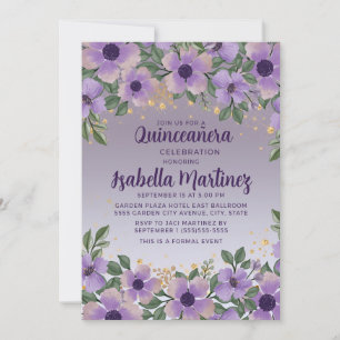 Convite Quinceañera Glitter Dourado Lavanda Ametista Roxo