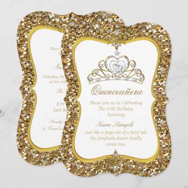 Convite Quinceanera Glitter Dourado Pérola Branca Tiara In (Frente/Verso)