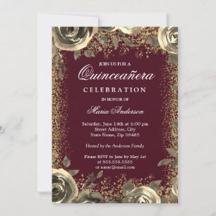 Convite Quinceanera, Glitter Glitter Dourado e Burgundy