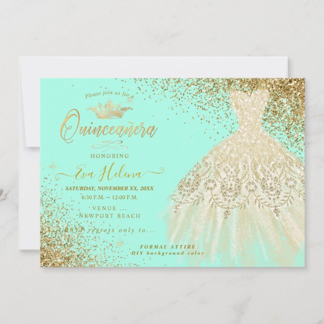 Convite Quinceañera, Glitters Gown, Faux Dourada+Mint (Frente)