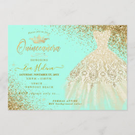 Convite Quinceañera, Glitters Gown, Faux Dourada+Mint