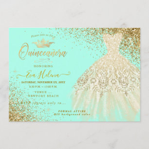 Convite Quinceañera, Glitters Gown, Faux Dourada+Mint
