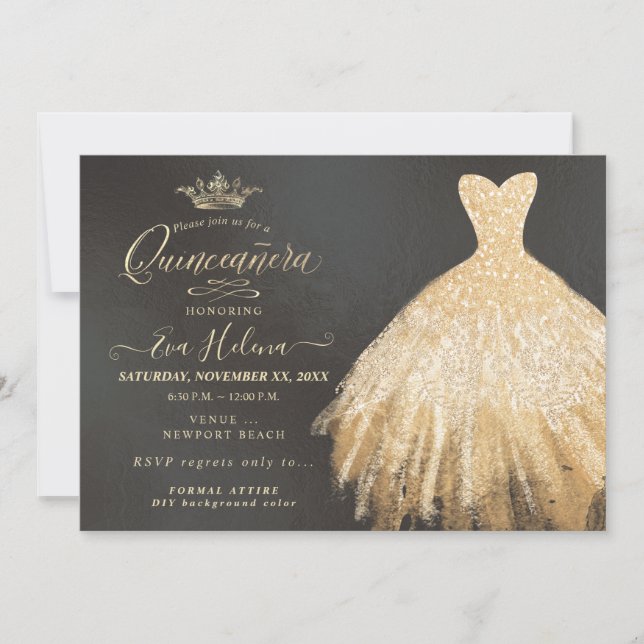 Convite Quinceañera, Glitters Gown, Faux Dourado (Frente)