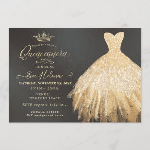 Convite Quinceañera, Glitters Gown, Faux Dourado