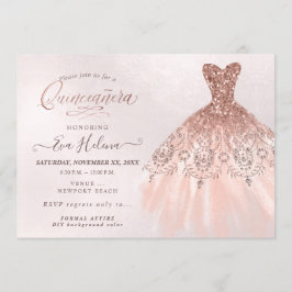 Convite Quinceañera, Glitters Gown, Faux Rosa Dourado