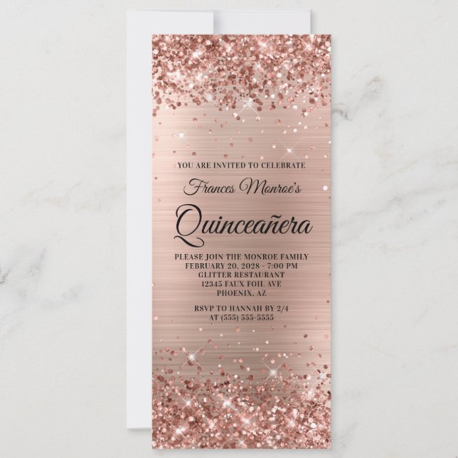 Convite Quinceañera Glittery em Folha de Ouro Rosa (Frente)