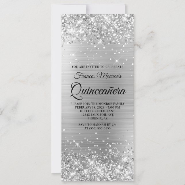 Convite Quinceañera Glittery em Folha de Prata (Frente)