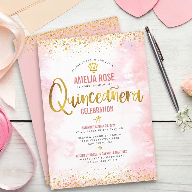 Convite Quinceañera Gold Foil Blush Pink Watercolor (Criador carregado)
