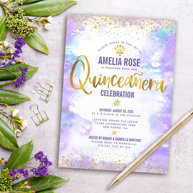 Convite Quinceañera Gold Foil Purple Watercolor Elegante (Criador carregado)