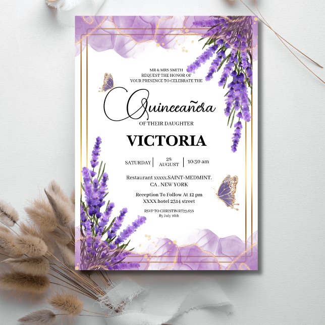 Convite Quinceañera gold Púrpura lavanda Borboleta Floral (Criador carregado)