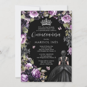 Convite Quinceañera Gótica Morada y Negra con Flores Moody