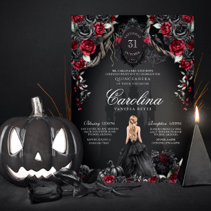 Convite Quinceanera Gótica Vermelha e Negra Assombrada
