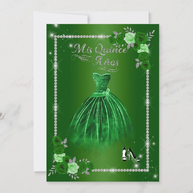 Convite Quinceanera Green e Silver Floral Elegante (Frente)